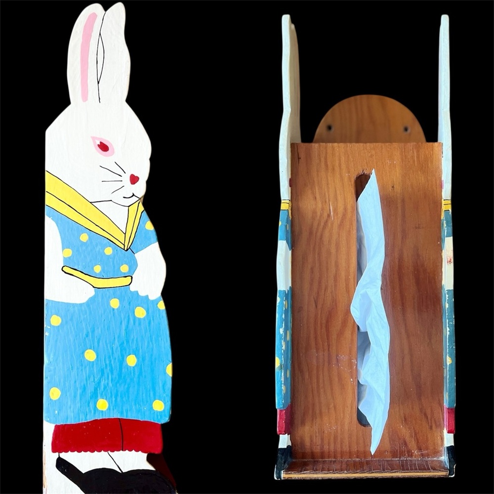 Vintage Tissue Holder Bunny Rabbit Tissue Box Wall Mount Handpainted Wood